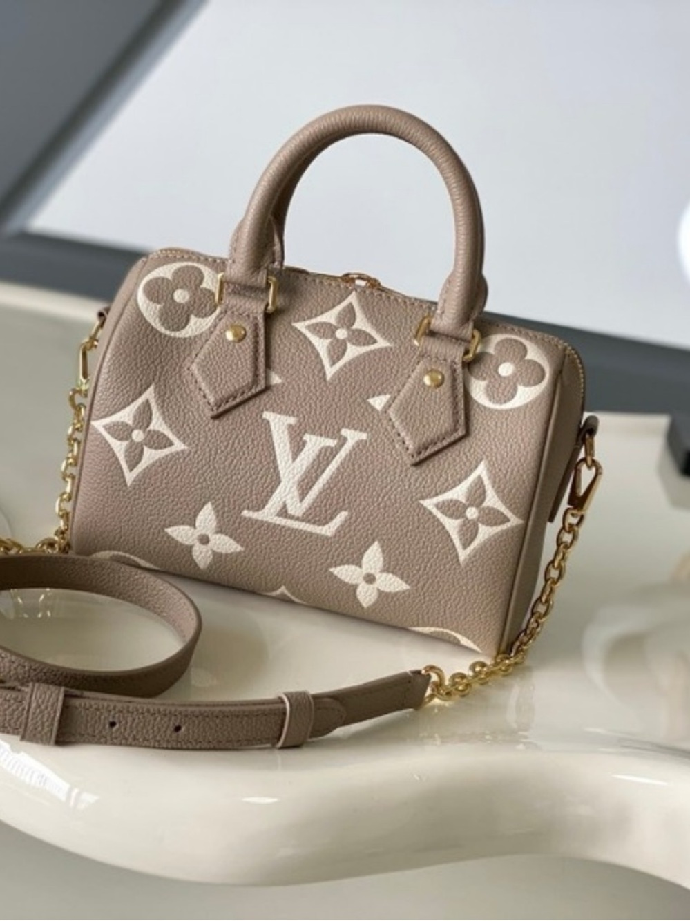 Louis Vuitton Taupe Mini Speedy Satchel with White Monogram